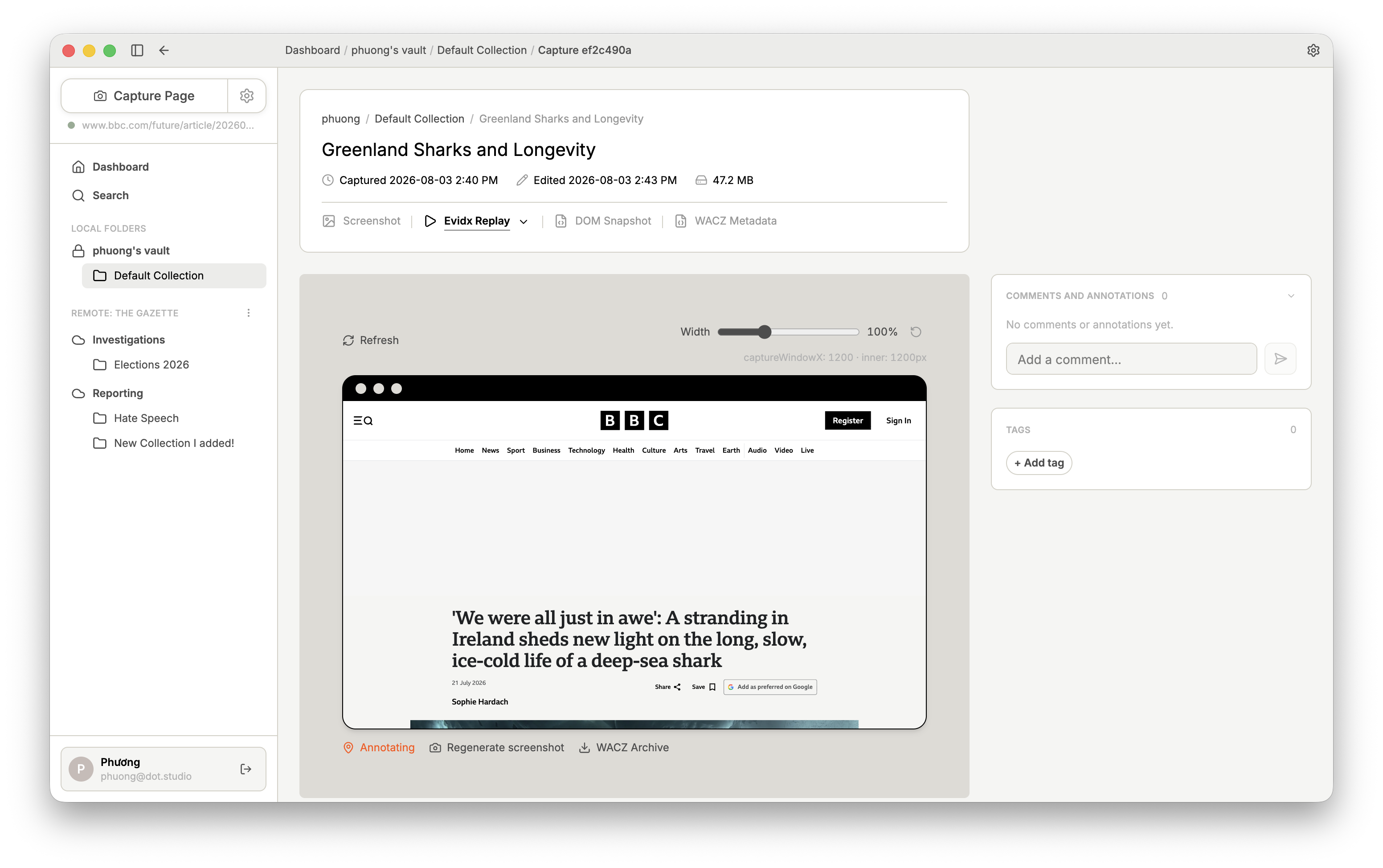 The Evidx Replay toolbar with Annotate mode set to Annotating