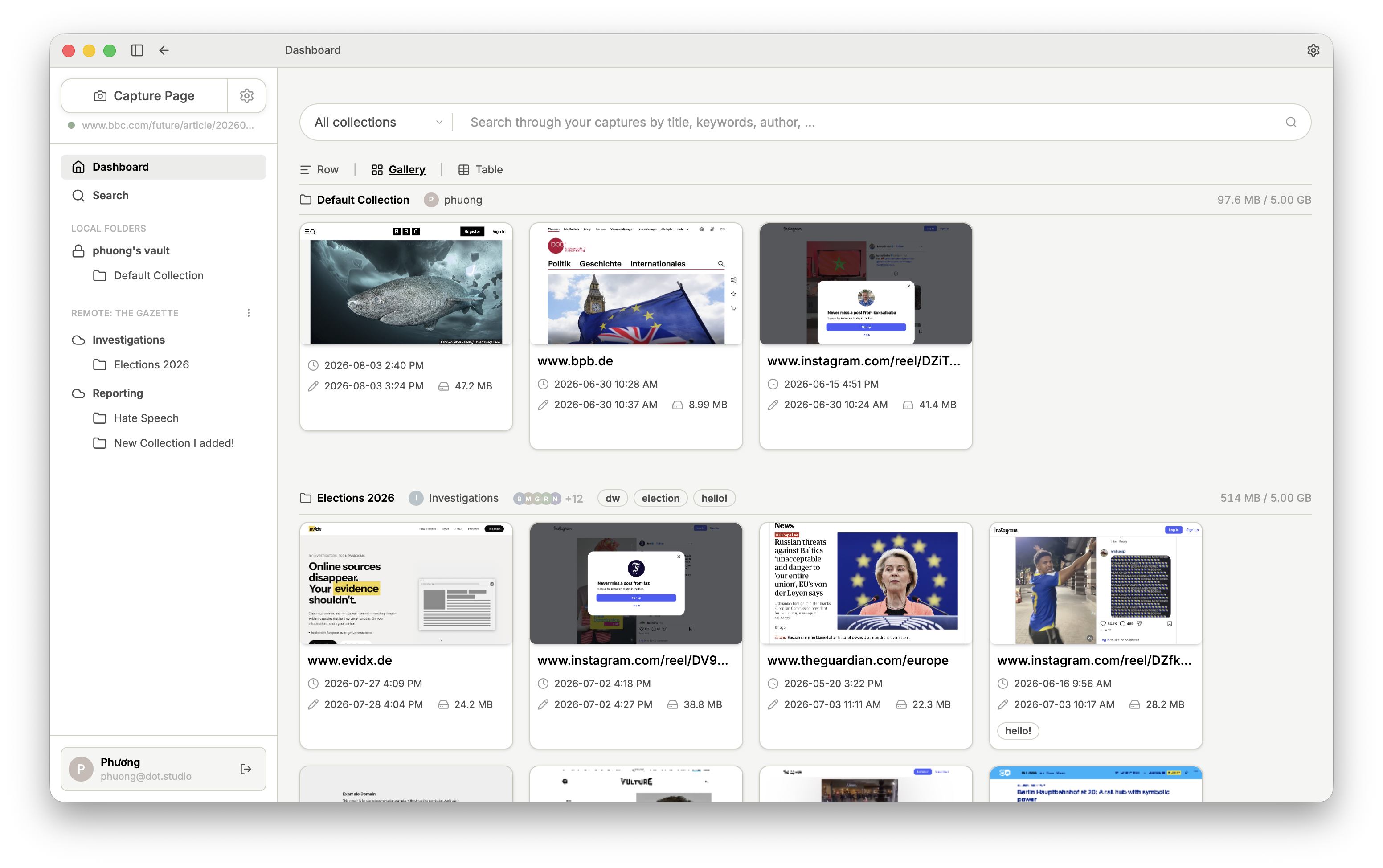 A new Capture appearing automatically in the local Collection on the evidx Dashboard