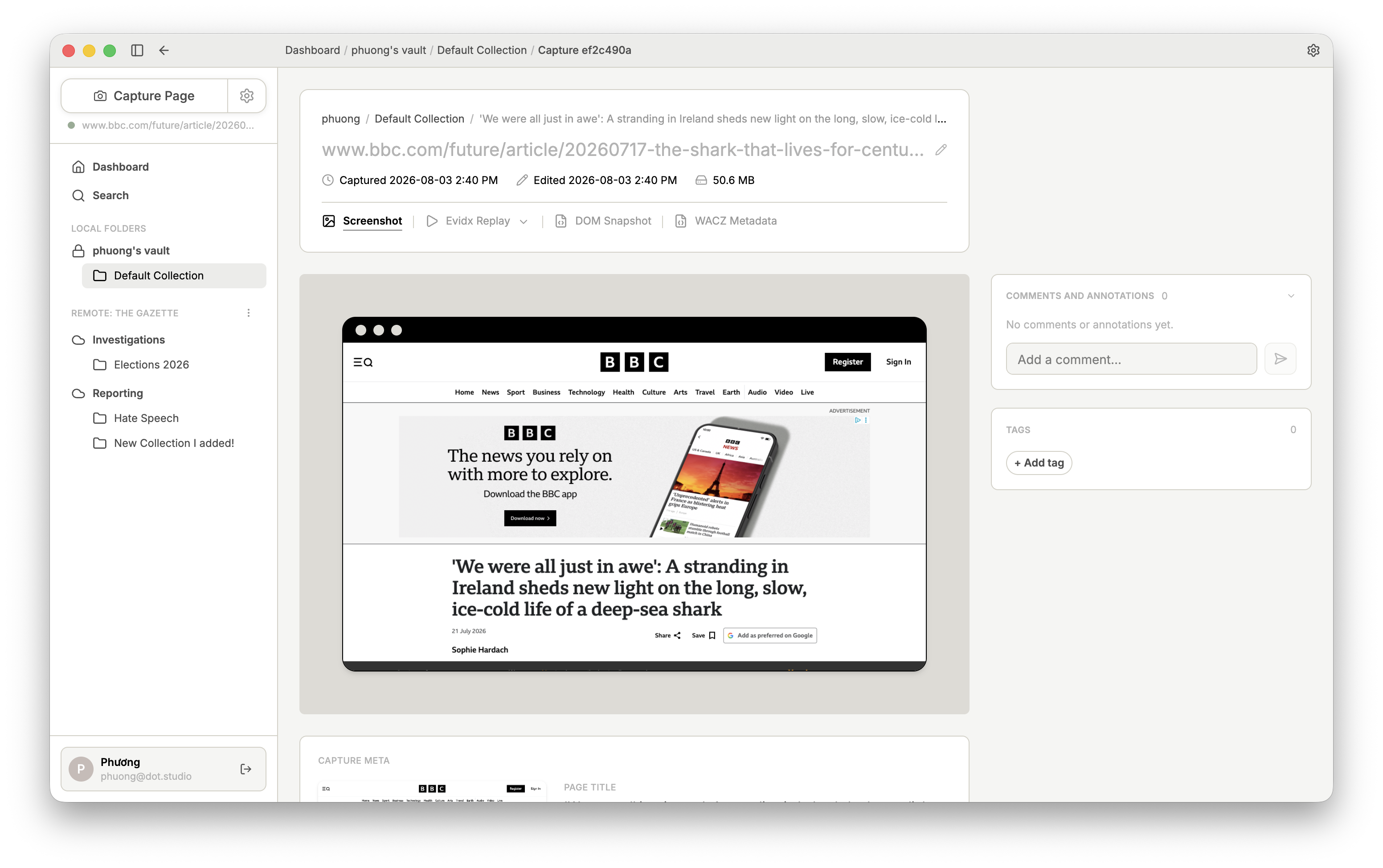 The Capture View, showing metadata and actions for a selected web page capture