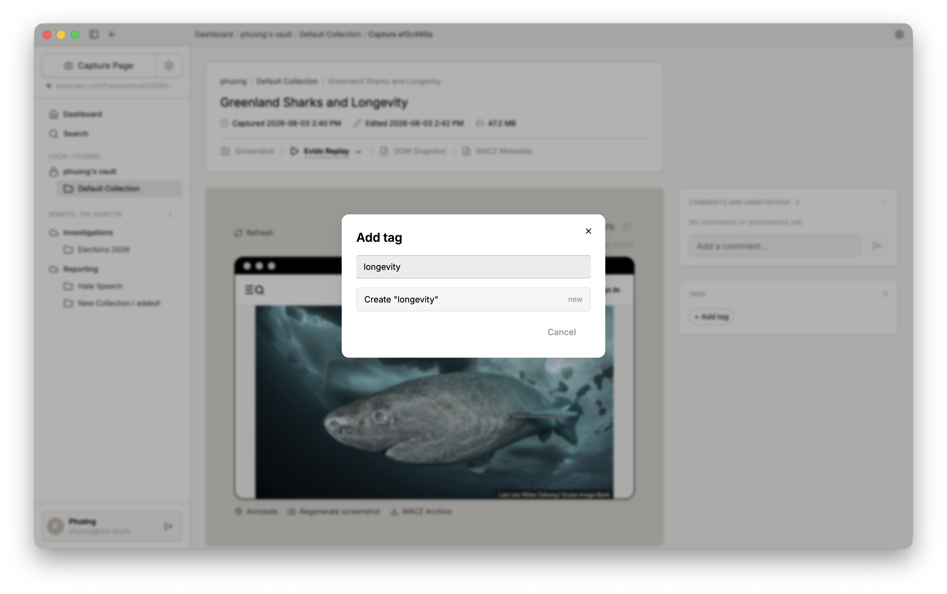 Adding, selecting, and removing tags on a Capture