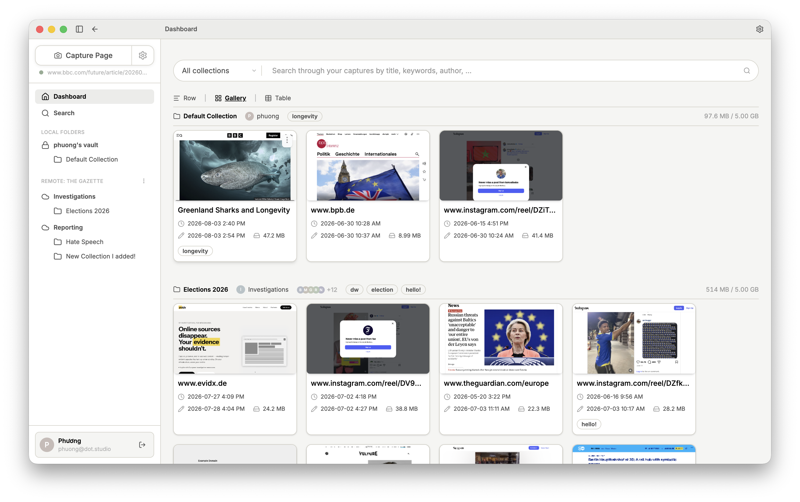 Captures grouped by Collection in Gallery View, showing owner, access, and tags