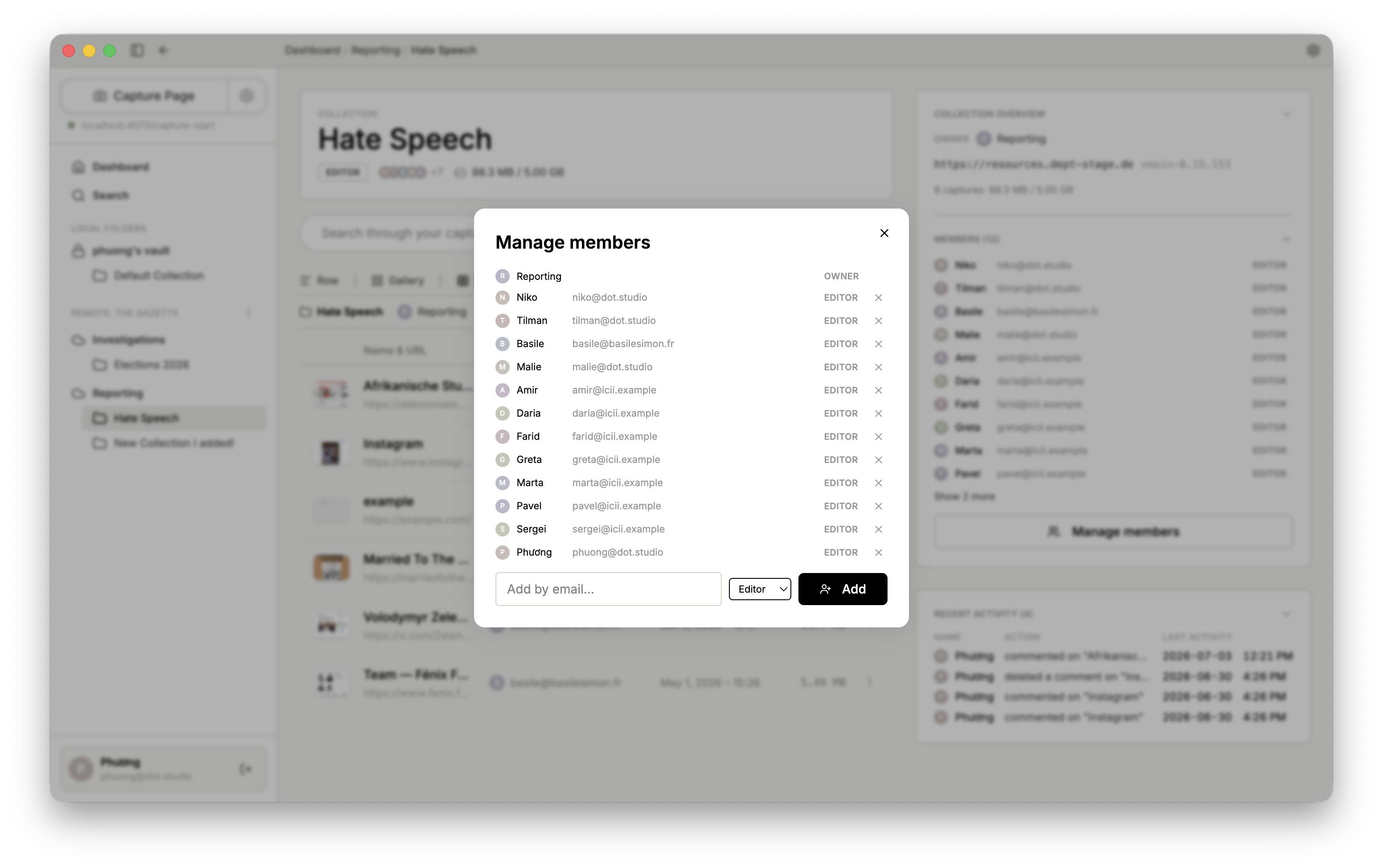 The invite members dialog, step one